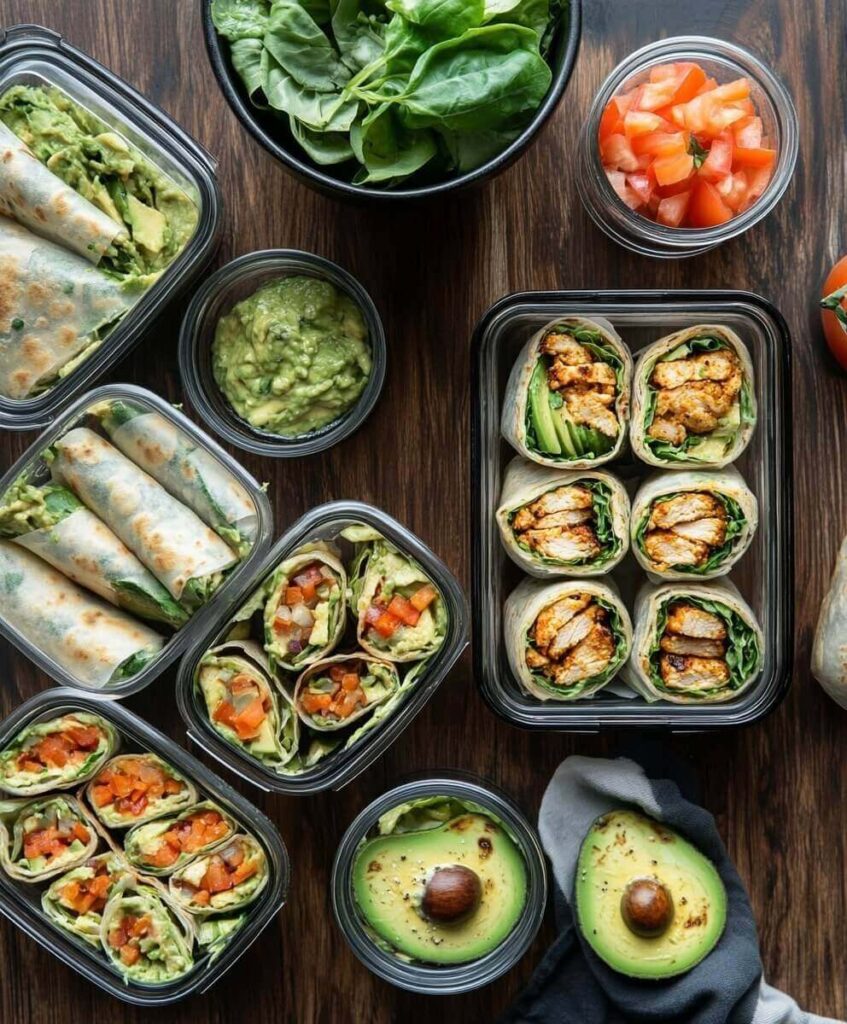 Neatly packed avocado chicken wraps in airtight containers, perfect for meal prepping. Title