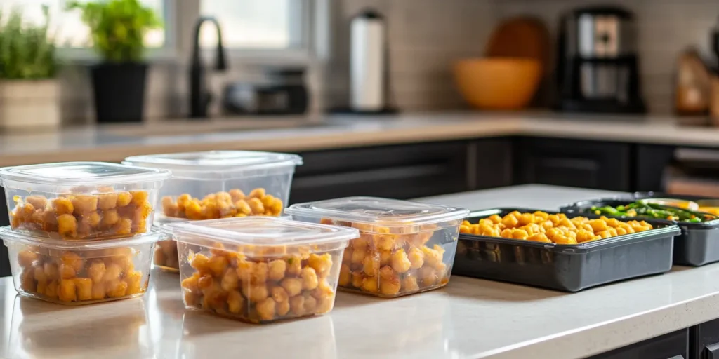 Leftover tater tot casserole stored in airtight containers for easy refrigeration and freezing.