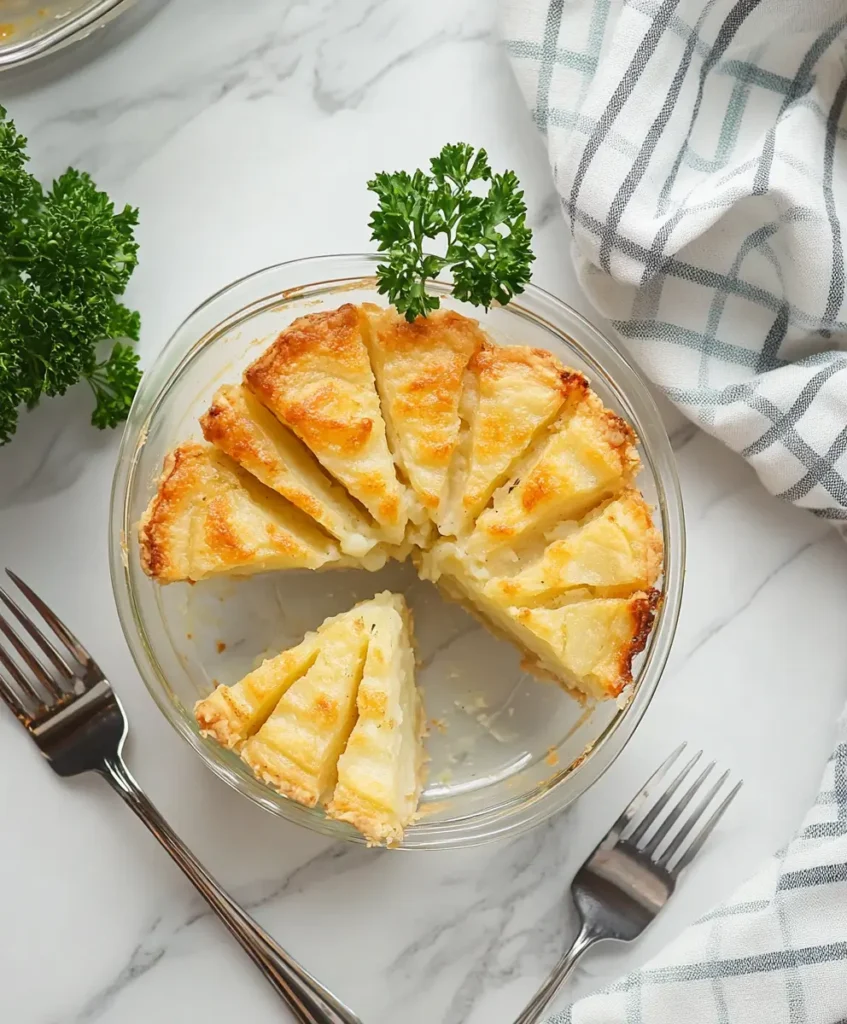 Leftover slices of Passover potato pie stored in a glass container for refrigeration