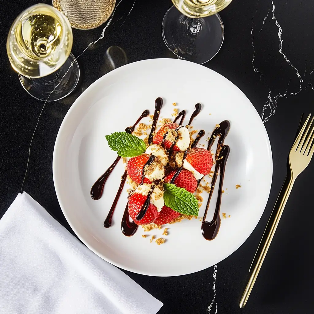 Plated deviled strawberries with cheesecake filling, graham cracker crumbs, and chocolate drizzle