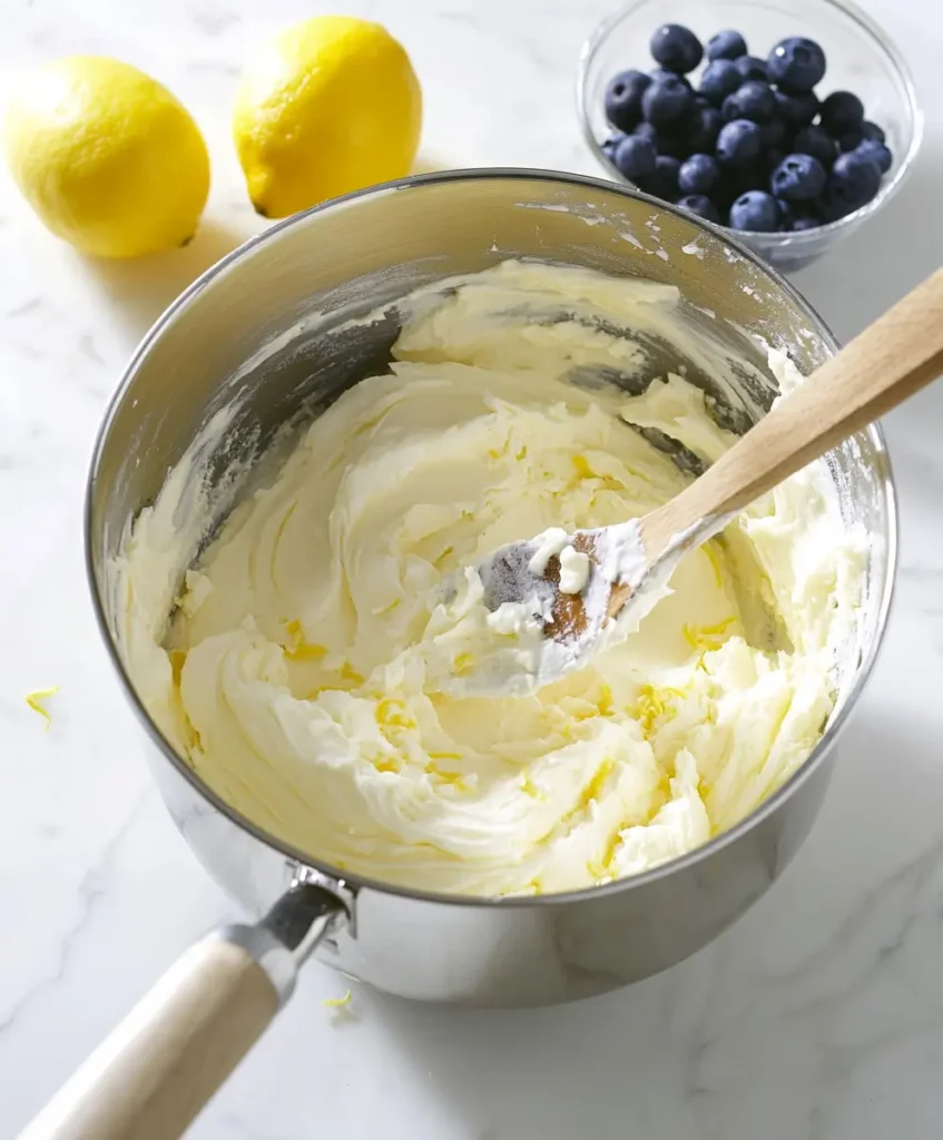 Butter, sugar, and lemon zest being mixed in a bowl with baking ingredients nearby