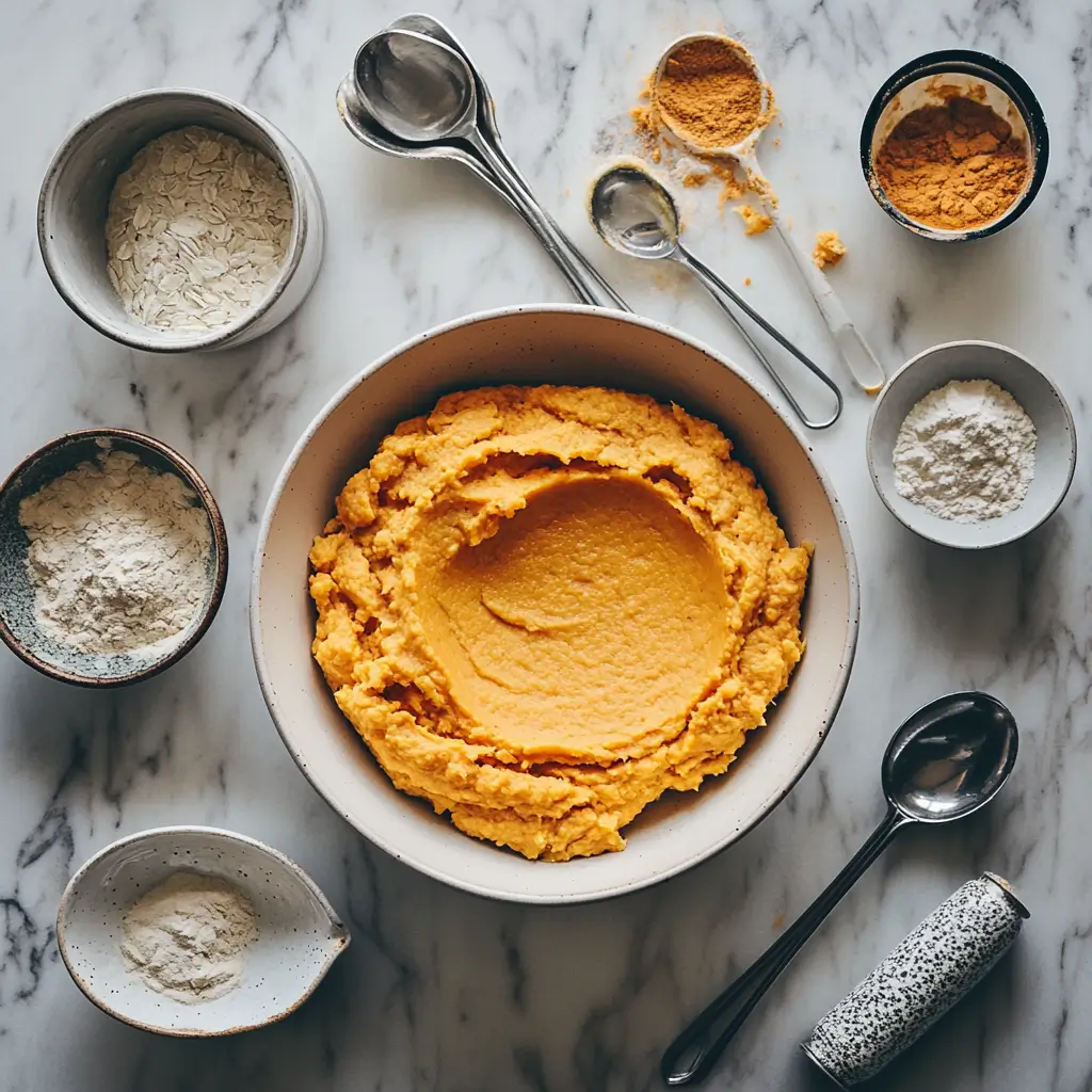 Sweet potato puree and cornbread ingredients in separate bowls with measuring spoons on a marble countertop.