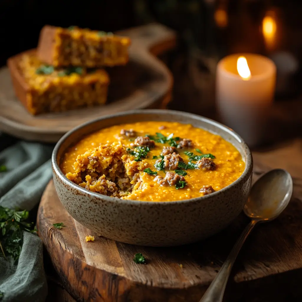 potato cornbread served with creamy Parmesan Italian sausage soup on a wooden board.