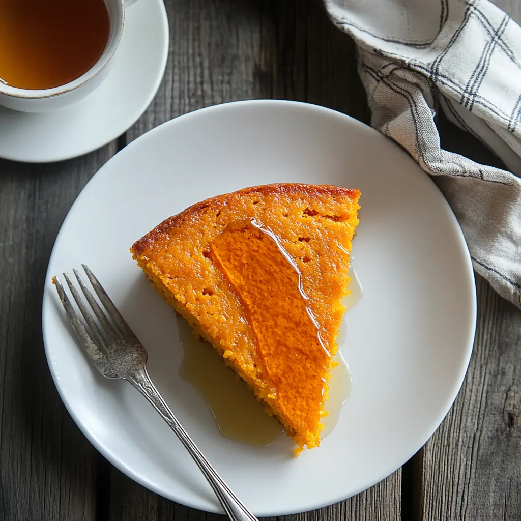 A slice of sweet potato cornbread drizzled with honey on a white plate with a fork beside it.