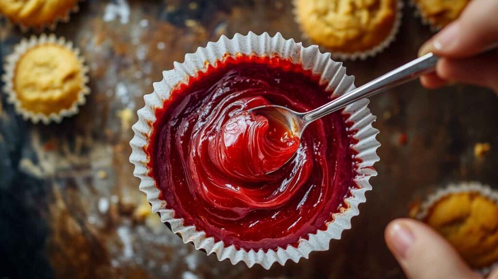 A spoon swirling rich guava jelly into muffin batter, creating a beautiful pattern in muffin liners.