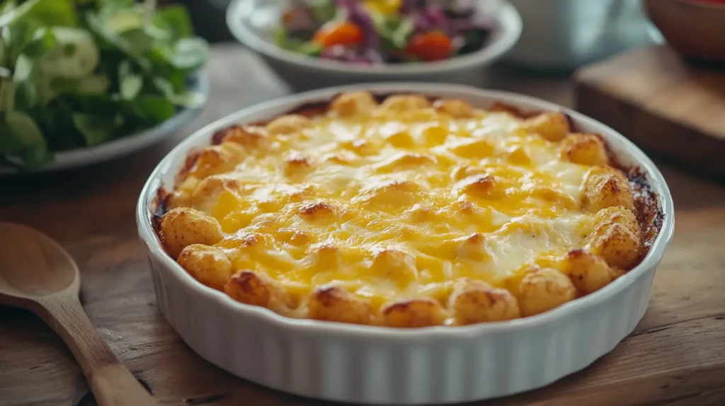 Freshly baked tater tot casserole in a white baking dish topped with golden crispy tots and melted cheese.