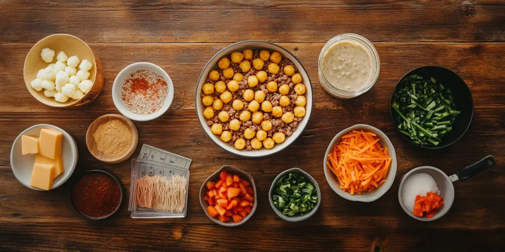 Ingredients for tater tot casserole displayed on a wooden countertop, including ground beef, cheese, and tater tots.