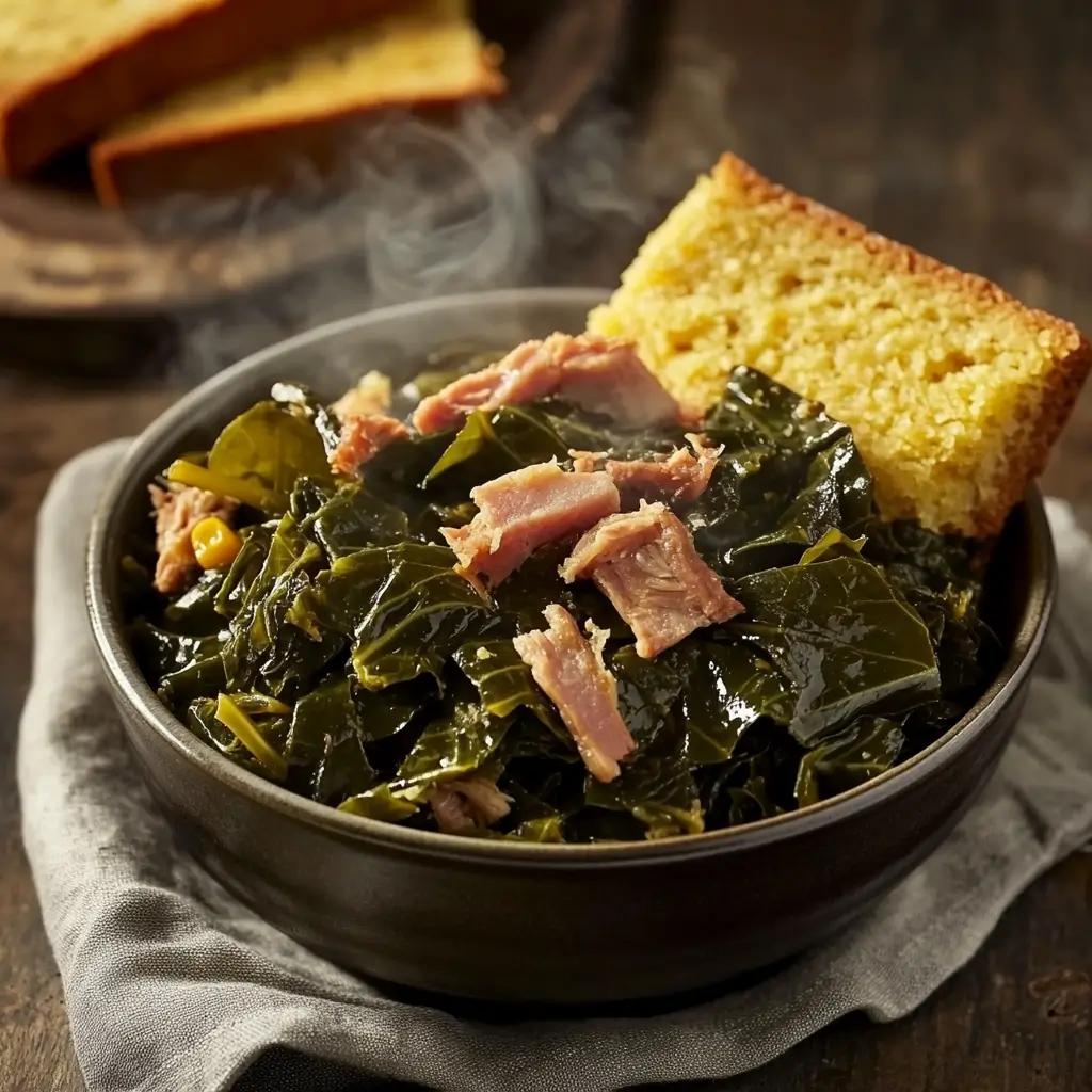 Bowl of collard greens cooked with smoked turkey, served with cornbread on the side