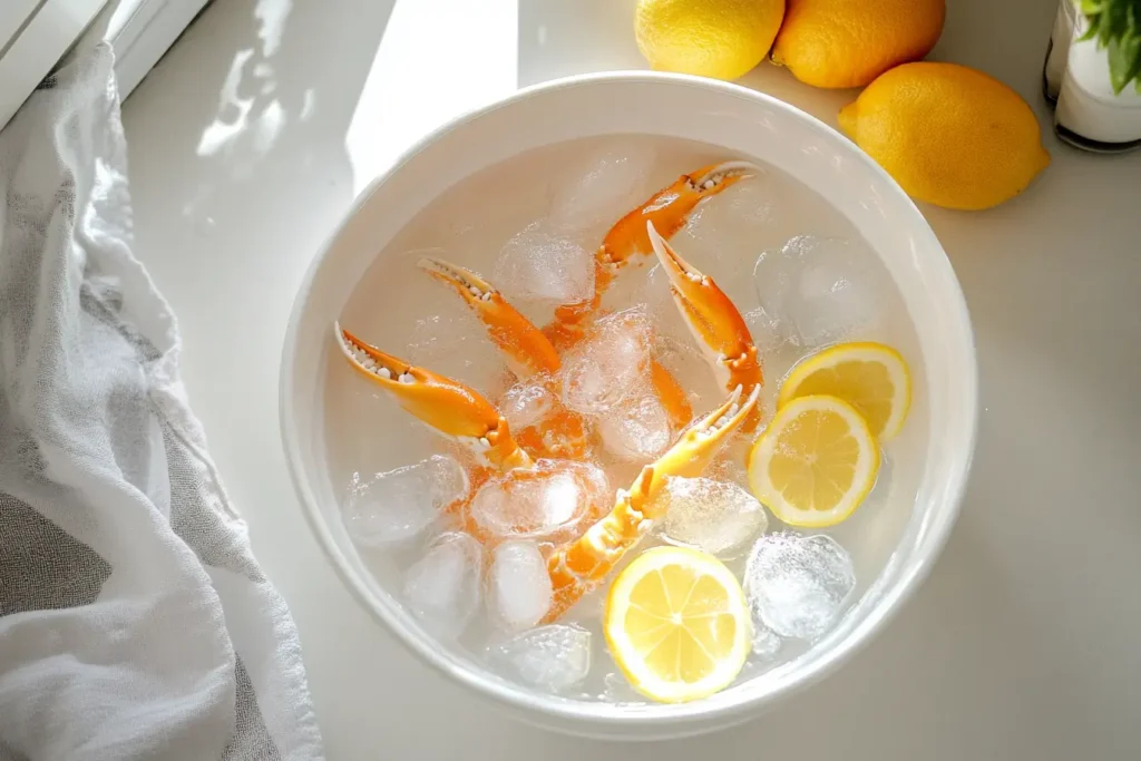 Frozen snow crab legs being thawed in ice water.