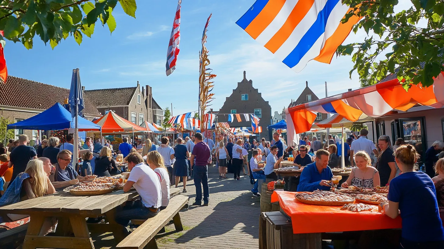 People enjoying Matjes dishes at a Dutch festival with food stalls and decorations