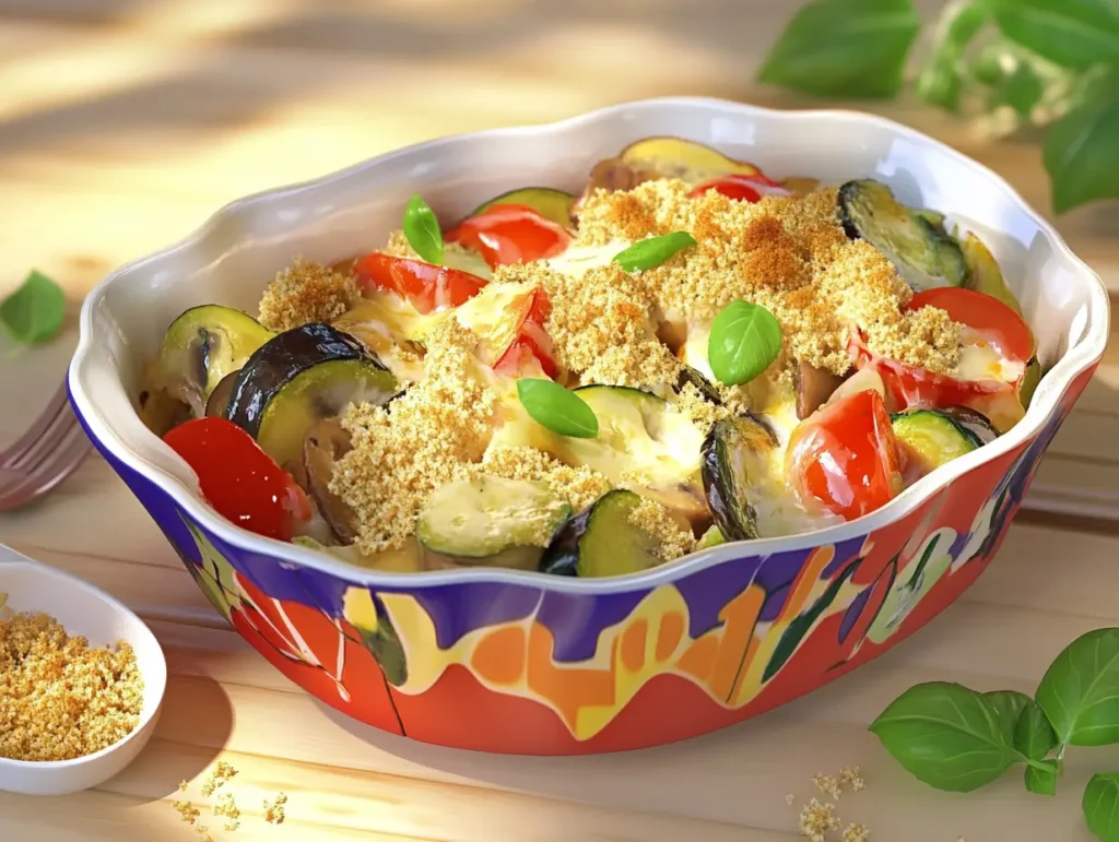 Vegetarian casserole with zucchini, tomatoes, mushrooms, and golden breadcrumbs, served in a ceramic dish