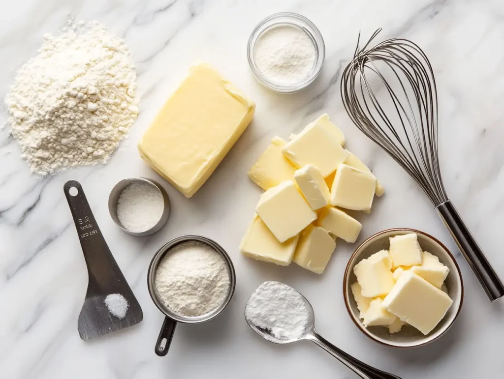 Wafer cookie ingredients, including butter, sugar, flour, and vanilla extract on a white marble counter