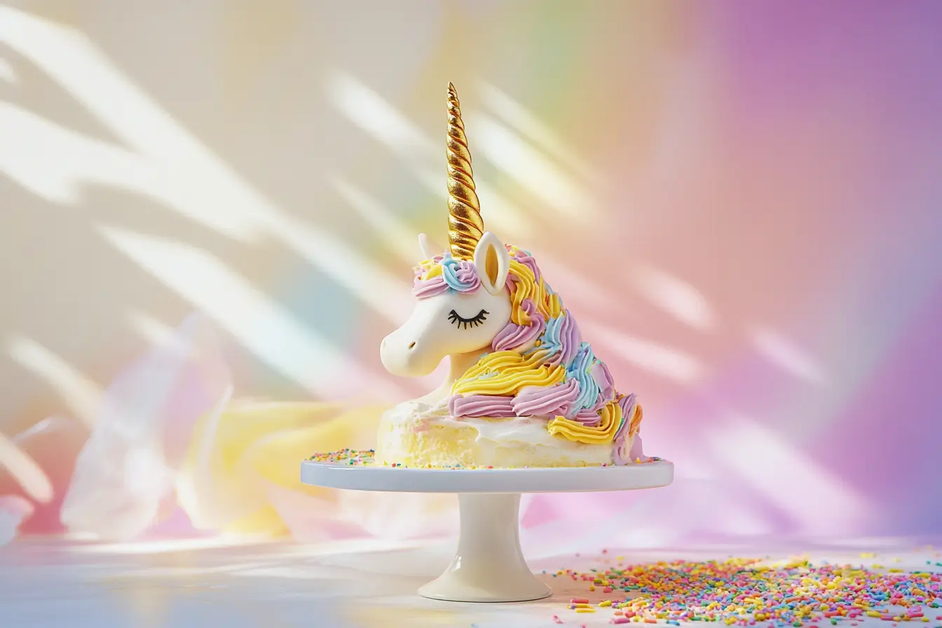 Whimsical unicorn cake with pastel buttercream swirls, a golden horn, and fondant ears on a white cake stand.