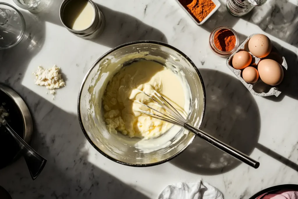 Whisking custard mixture in a bowl with ingredients like eggs, heavy cream, and crab meat arranged on a marble surface.