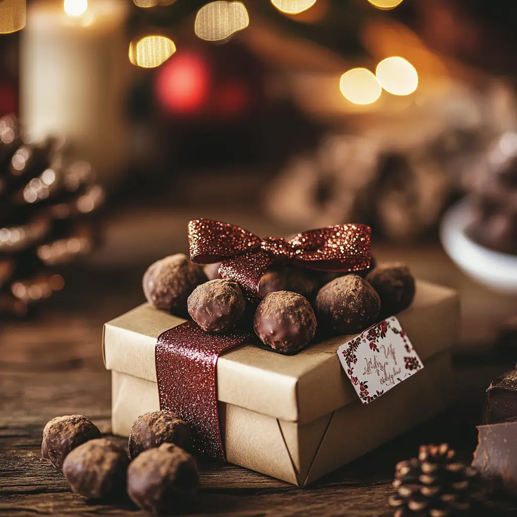 A beautifully packaged box of homemade truffle chocolates with a festive ribbon and label.