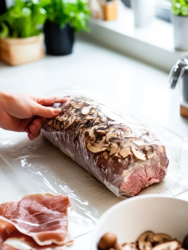 Layering Prosciutto and Mushroom Duxelles for Beef Wellington