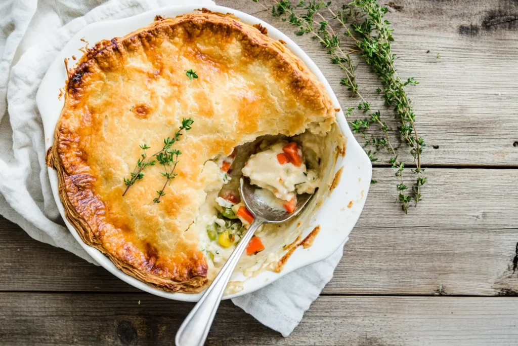 Golden-brown baked casserole with cheese and vegetables in a rustic white dish, served on a wooden table