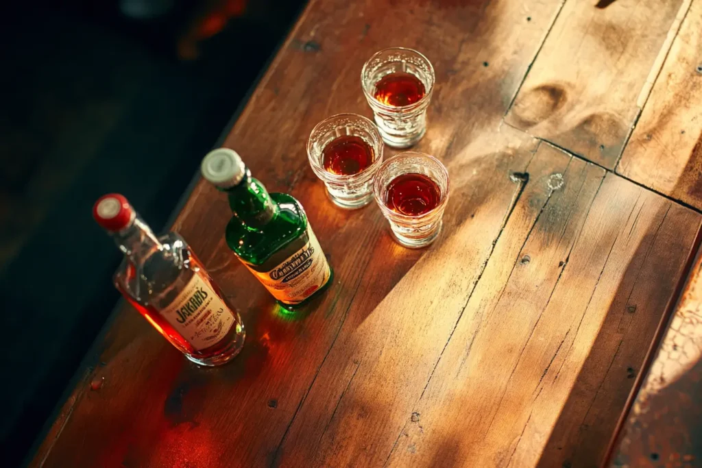 A rustic setup featuring Jägermeister and Vegas Bomb ingredients on a vintage wooden counter