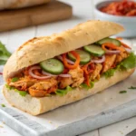 A Pan Con Pollo sandwich held , with soft hoagie bread stuffed with shredded chicken in tomato sauce, fresh lettuce, cucumbers, carrots, and radishes, presented