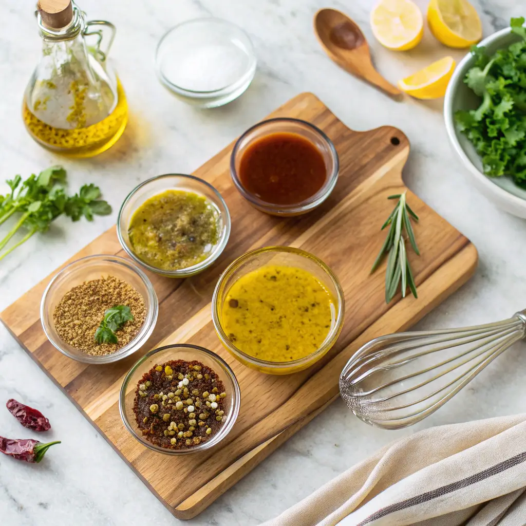 Five types of vinaigrette sauces in small bowls – balsamic, lemon herb, red wine, honey mustard, and sesame ginger with fresh ingredients.