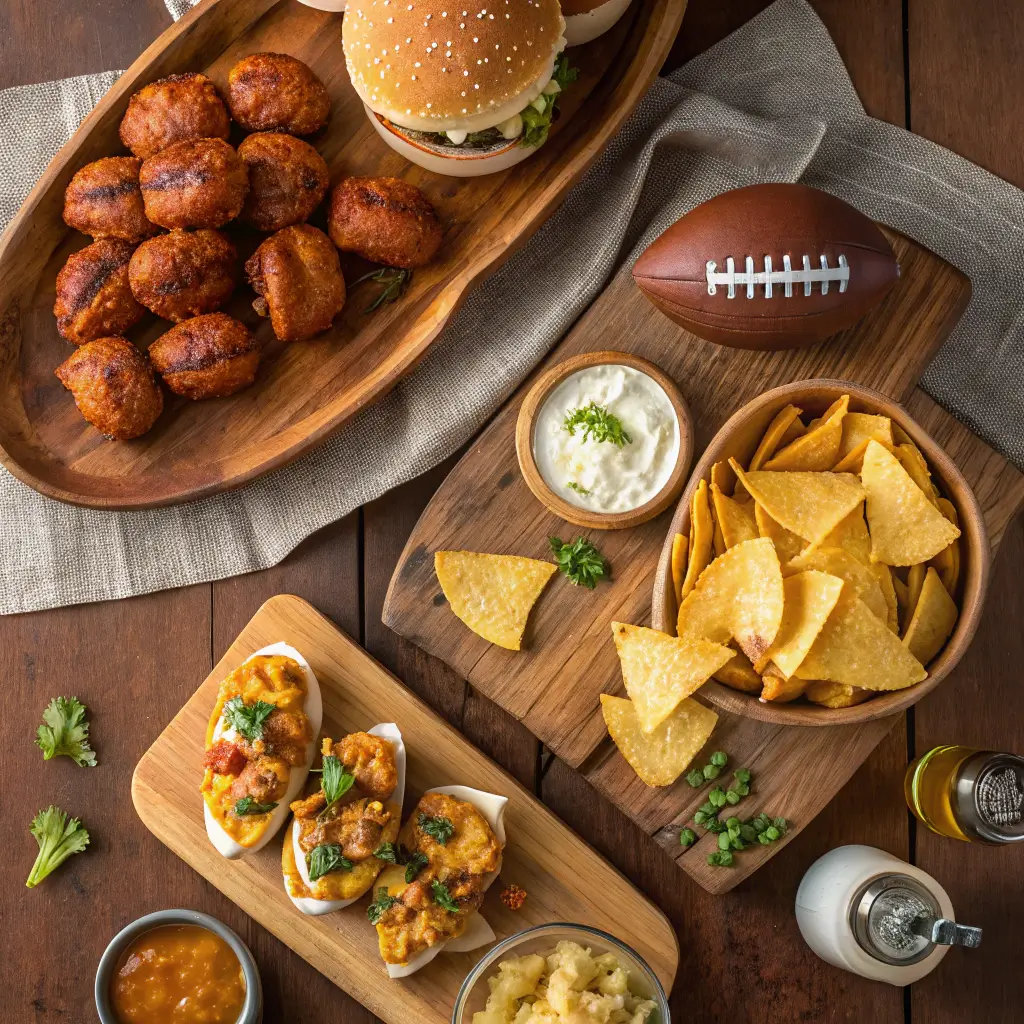 Overhead view of a Super Bowl snack table featuring buffalo wings, sliders, nachos, and dips.