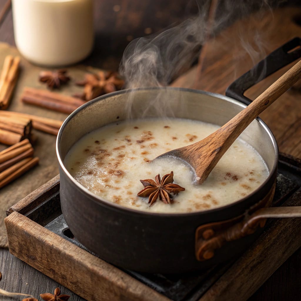 Arroz con leche simmering in a pot with cinnamon sticks, stirred with a wooden spoon