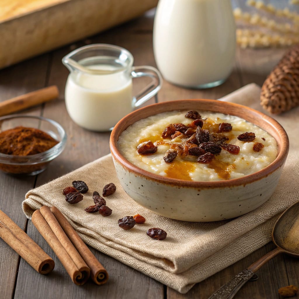 Bowl of arroz con leche topped with cinnamon, raisins, and a drizzle of honey