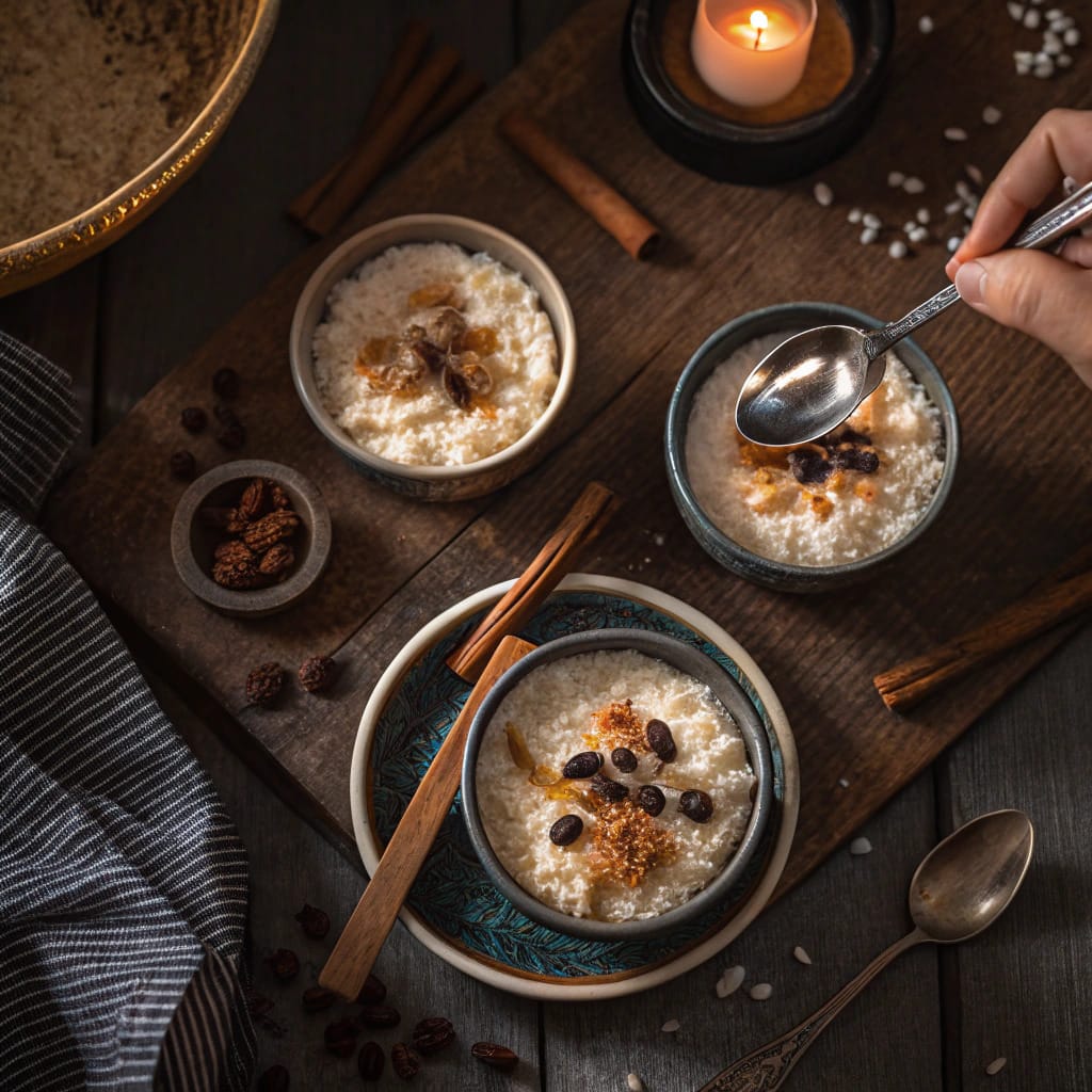 Multiple bowls of arroz con leche served family-style with various toppings like cinnamon, raisins, and coconut