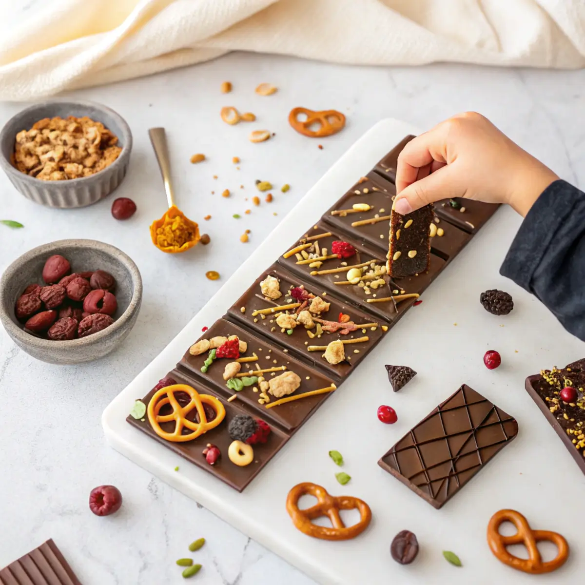 Assorted chocolate bars topped with pretzels, dried fruits, and pistachios, with a child’s hand sprinkling toppings