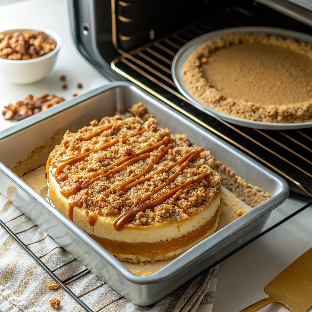 Cake pan filled with banana cake batter, topped with pecan crumb topping and caramel drizzle, ready for baking.