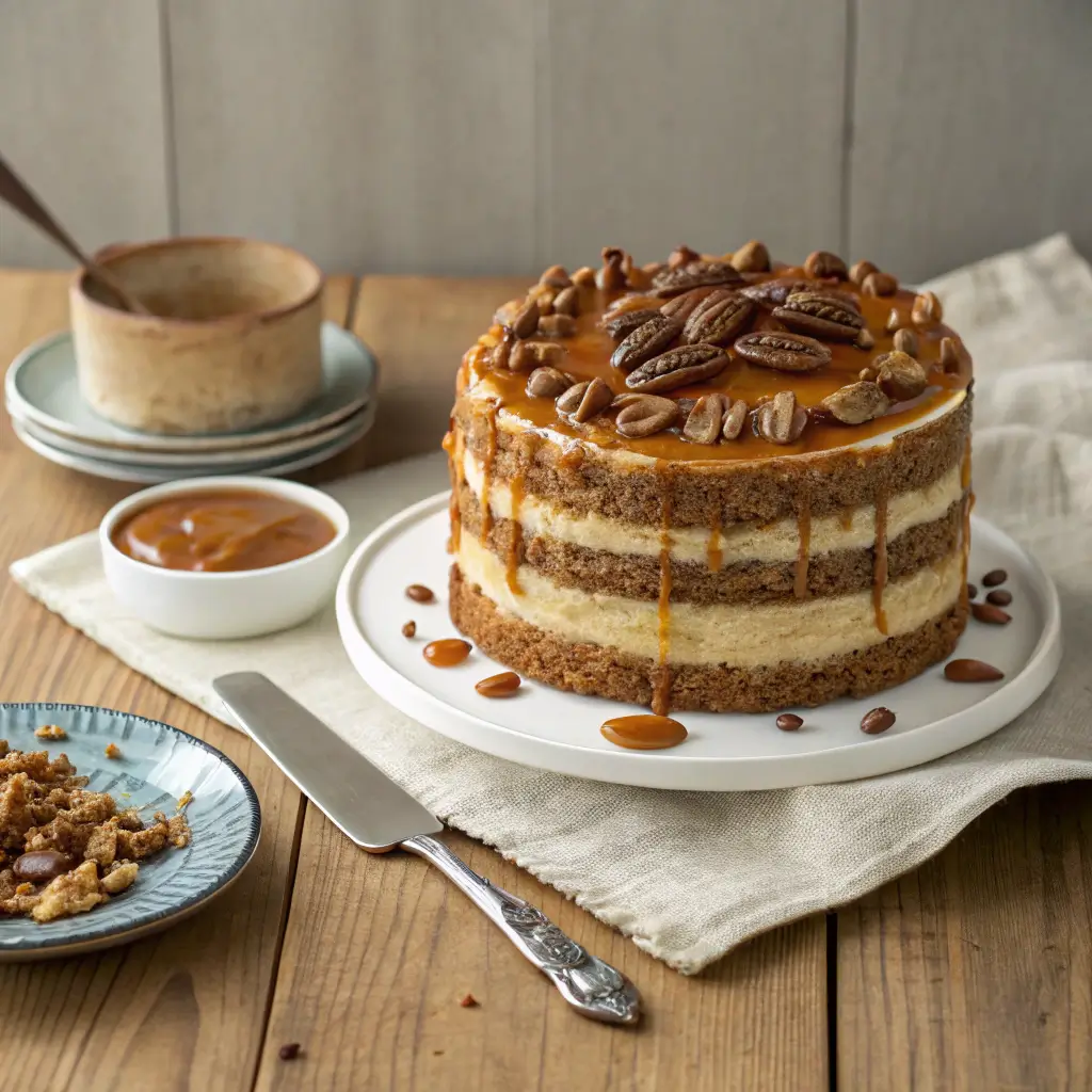 A golden brown banana pecan caramel cake baking in the oven, with caramel bubbling at the edges.