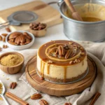 Banana pecan caramel layer cake on a rustic wooden cake stand, drizzled with caramel and topped with candied pecans.