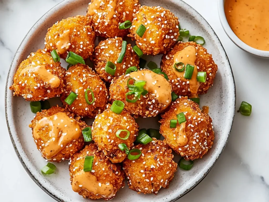 Crispy Bang Bang Salmon Bites drizzled with a spicy-sweet sauce, garnished with green onions and sesame seeds on a white plate.