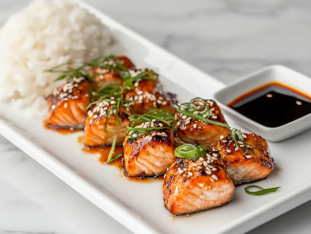 Plated Bang Bang Salmon Bites garnished with green onions and sesame seeds, served with jasmine rice and extra sauce.