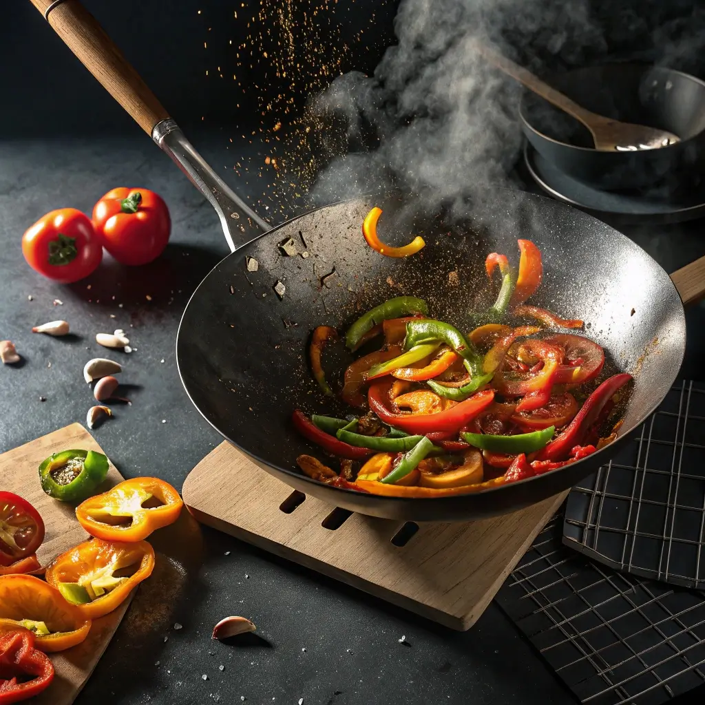 Stir-fried bell peppers sizzling in a wok with char marks