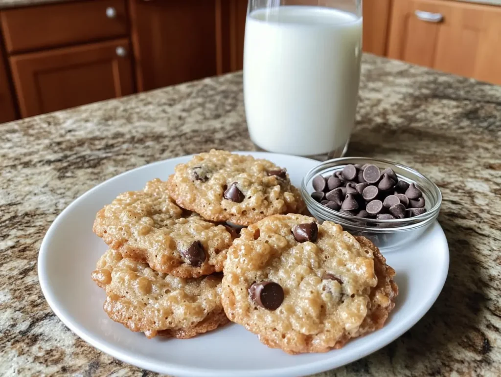 A flat lay of ingredients for Rice Krispie Chocolate Chip Cookies, including butter, flour, sugar, chocolate chips, and Rice Krispies.