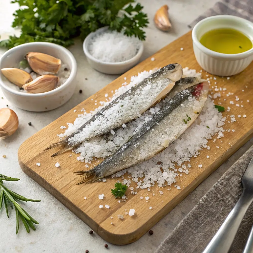 Boquerones served on crusty bread with olives and garlic, a traditional Spanish tapa