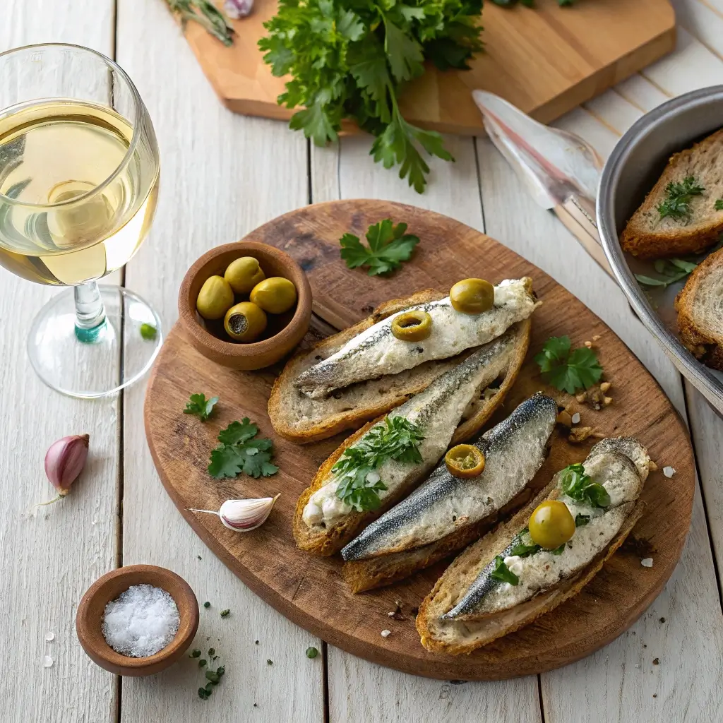 Anchovy fillets marinating in white wine vinegar with garlic and lemon slices