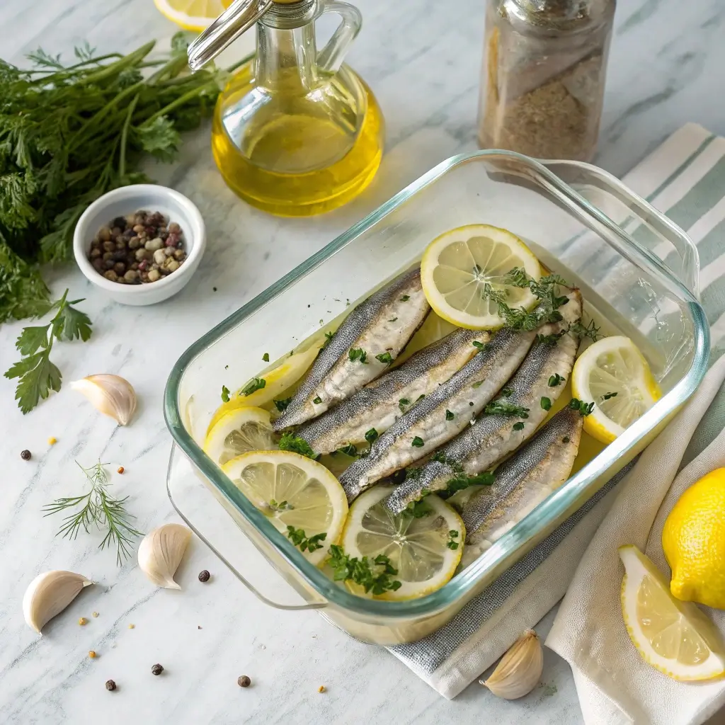 Anchovy fillets salted and ready for marination on a wooden cutting board