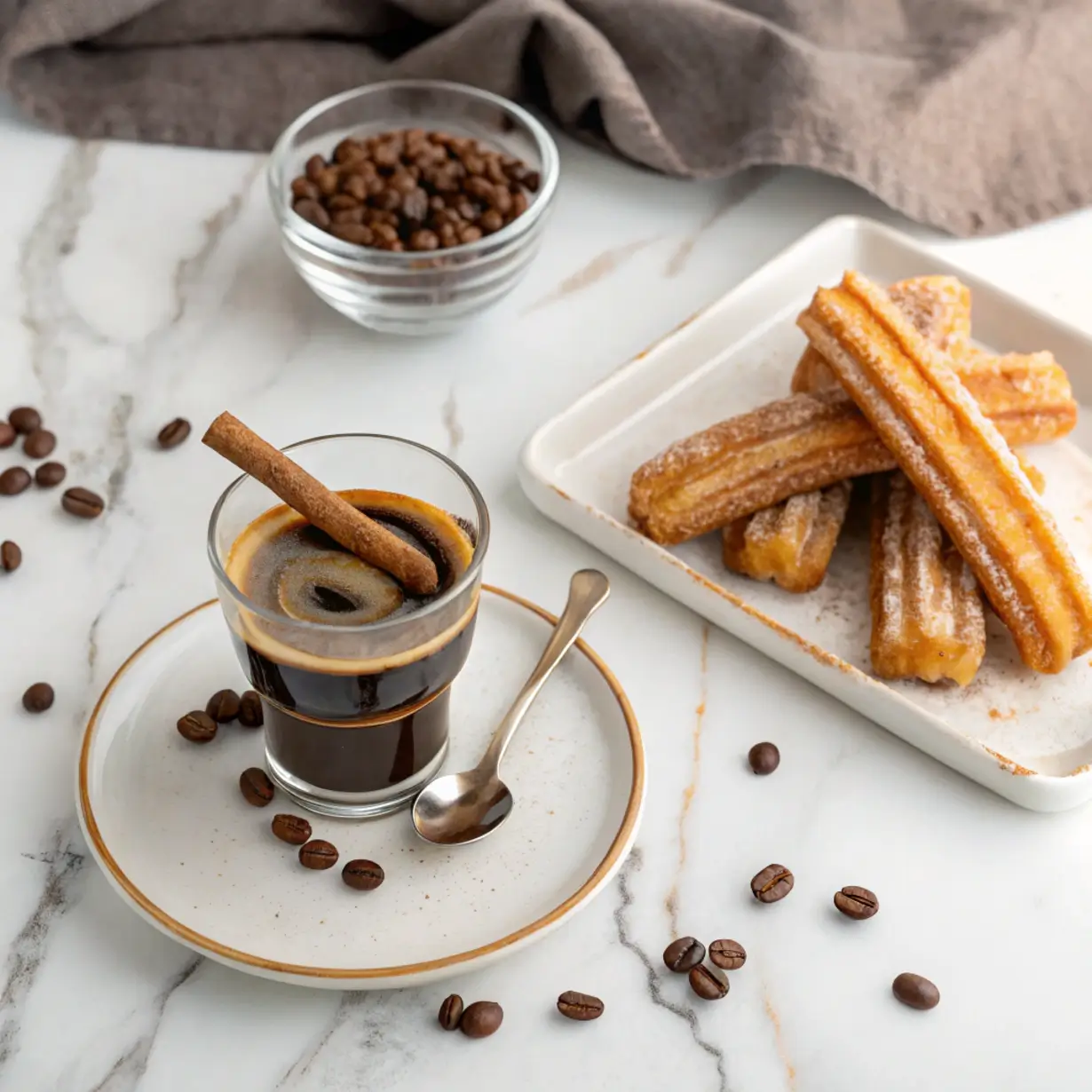 Overhead shot of a carajillo and a plate of churros on a marble surface, with coffee beans scattered around