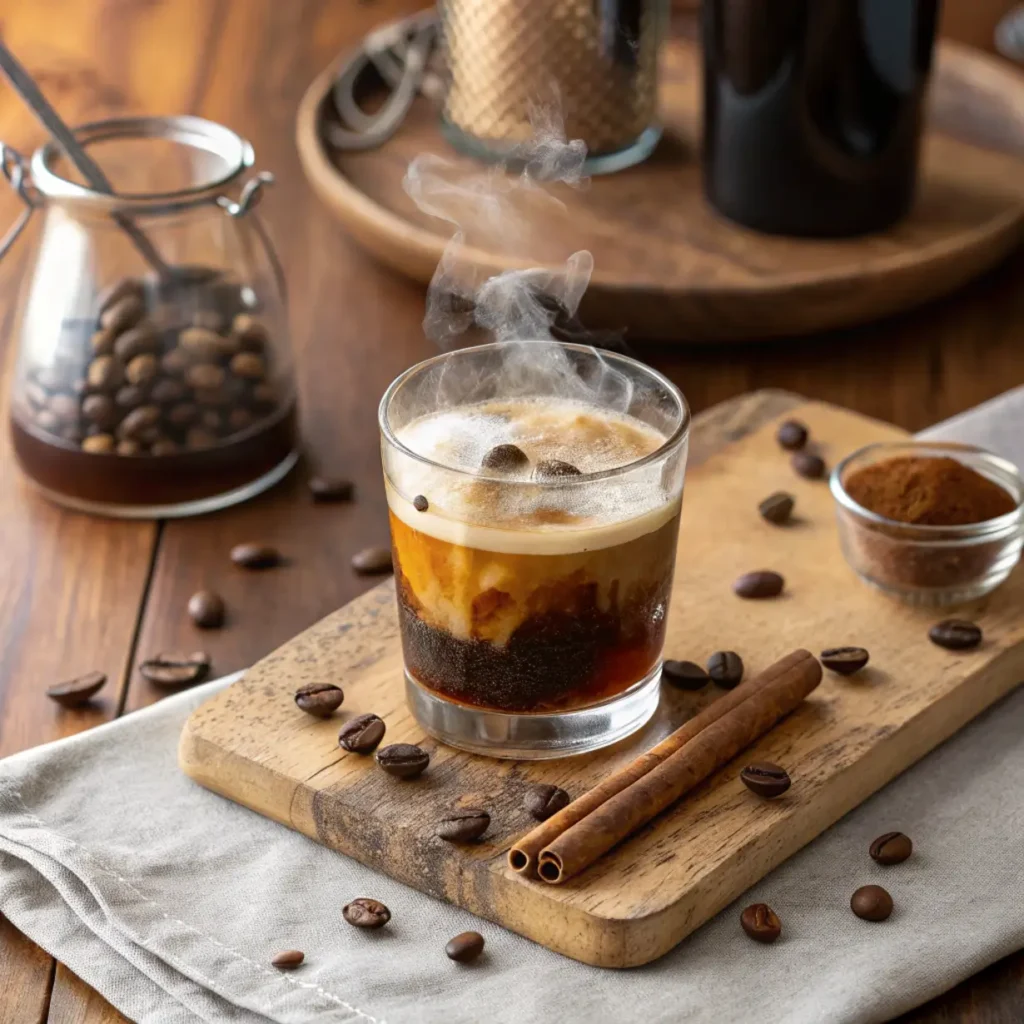 Close-up shot of a warm carajillo in an Old Fashioned glass with cinnamon and coffee beans on a rustic table