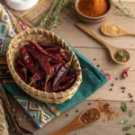 Dried chile de arbol peppers in a Mexican woven basket on a rustic wooden kitchen counter