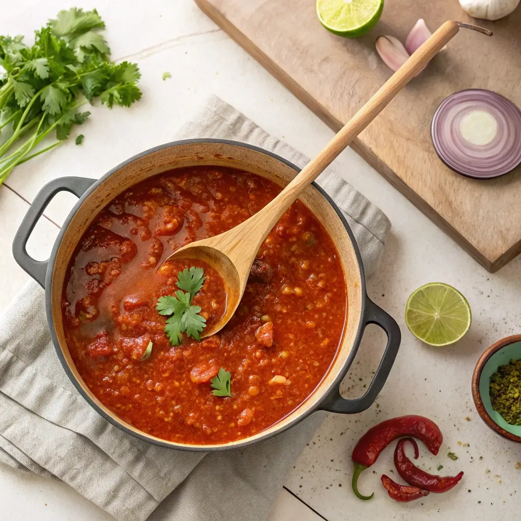 Simmering chile de arbol salsa with fresh cilantro and lime wedges nearby