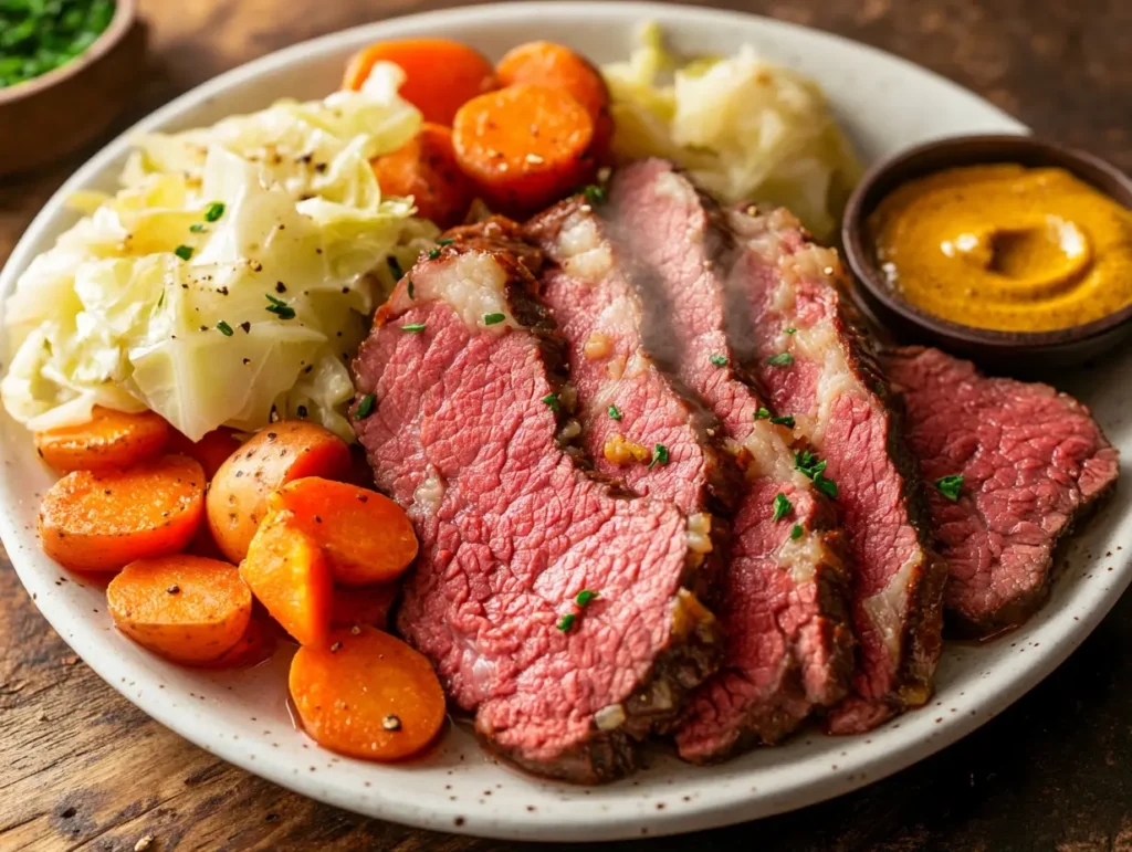 A plate of corned beef and cabbage served with potatoes and carrots on a rustic wooden table.