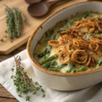 Classic green bean casserole topped with crispy golden onions in a ceramic baking dish, ideal for holiday meals