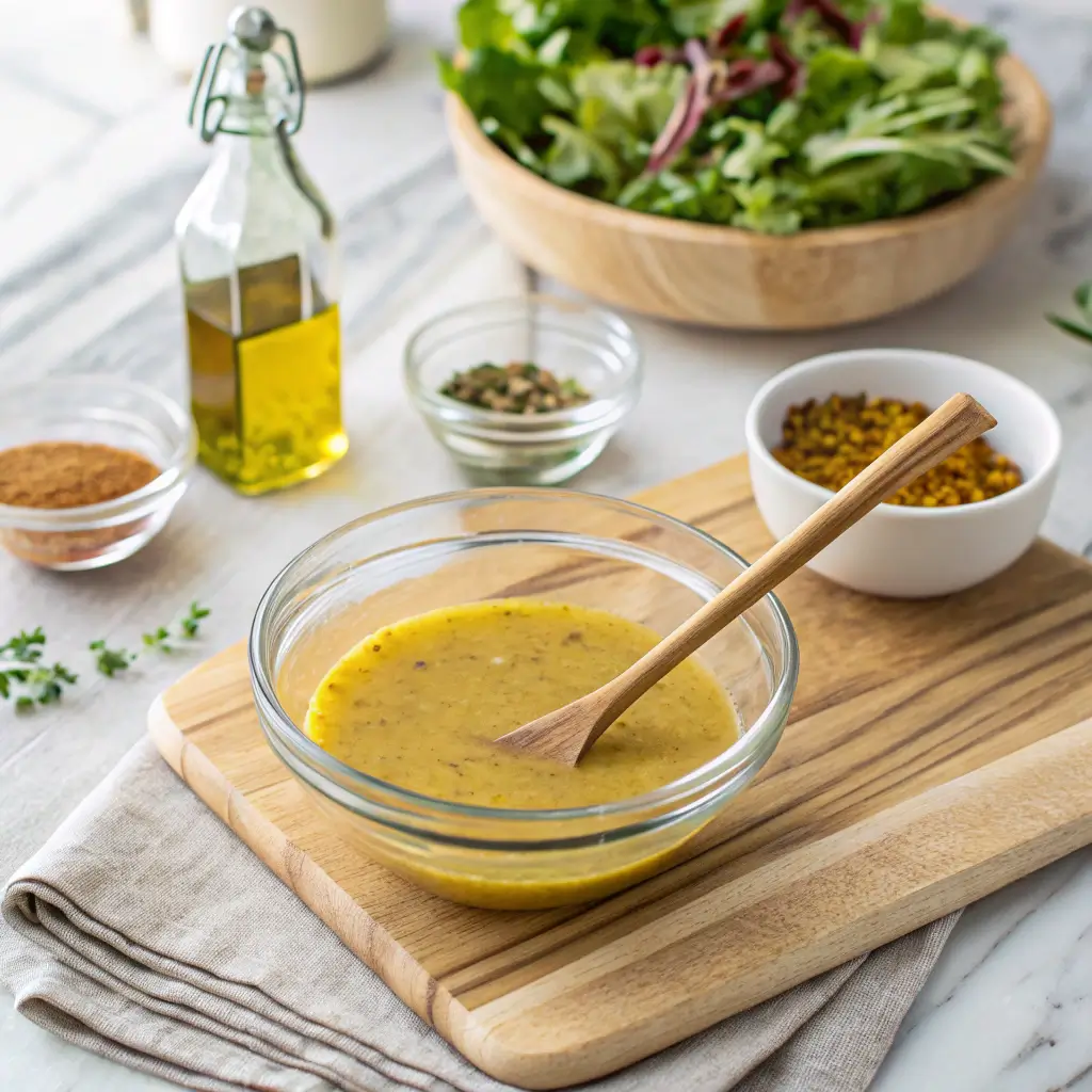 A glass bowl with freshly whisked vinaigrette sauce, surrounded by olive oil, vinegar, mustard, and fresh herbs on a marble countertop.