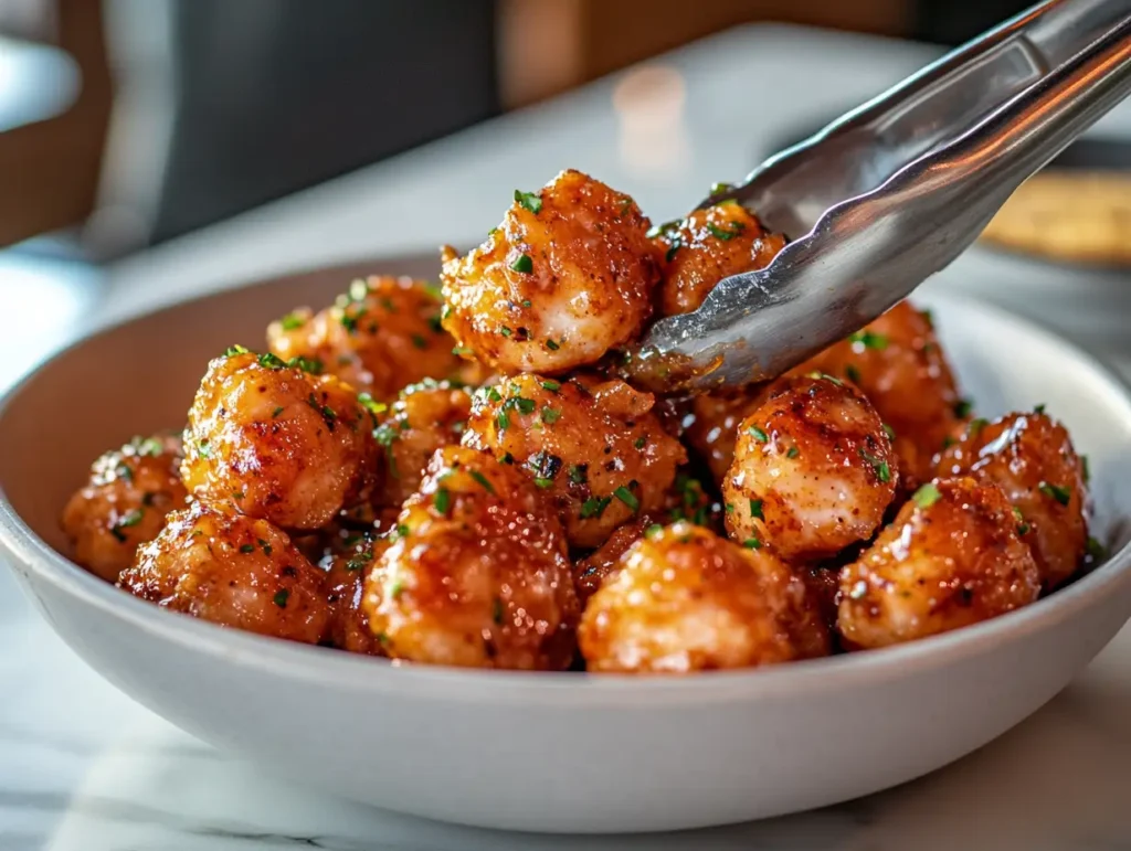 Crispy Bang Bang Salmon Bites being tossed in a creamy, spicy sauce with kitchen tongs in a glass mixing bowl.