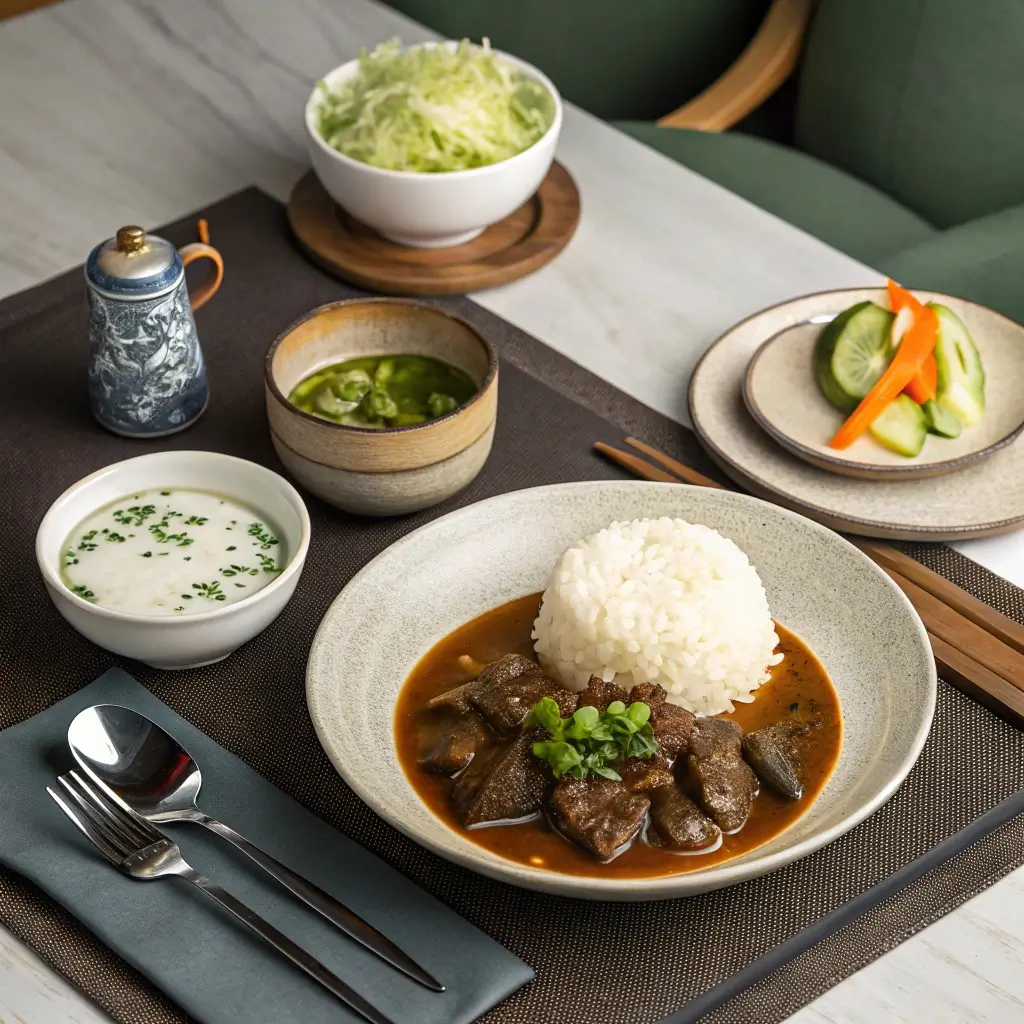 Full meal of pepper steak with jasmine rice, miso soup, and cucumber salad