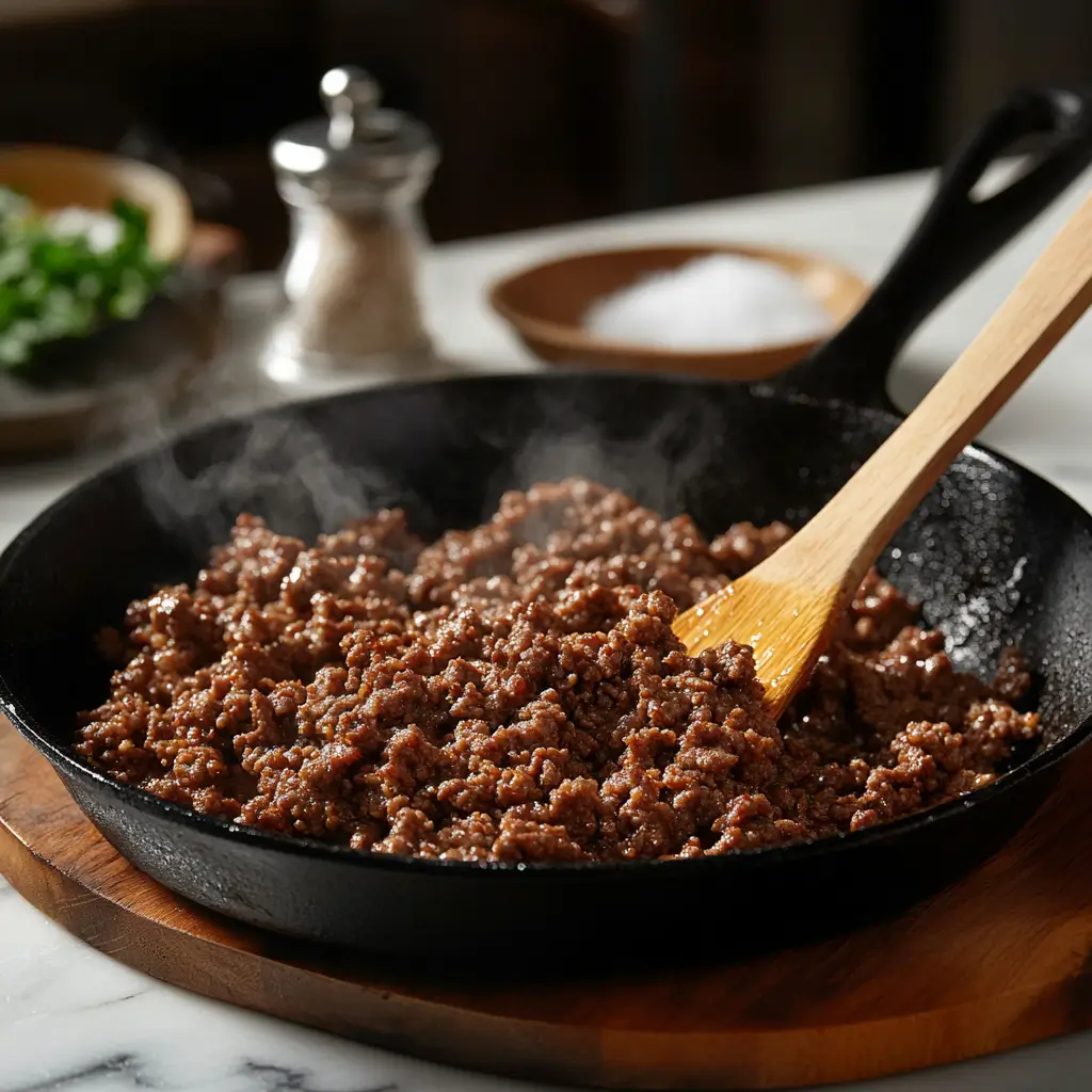 Sizzling ground beef in a black cast iron skillet, being stirred with a wooden spatula.