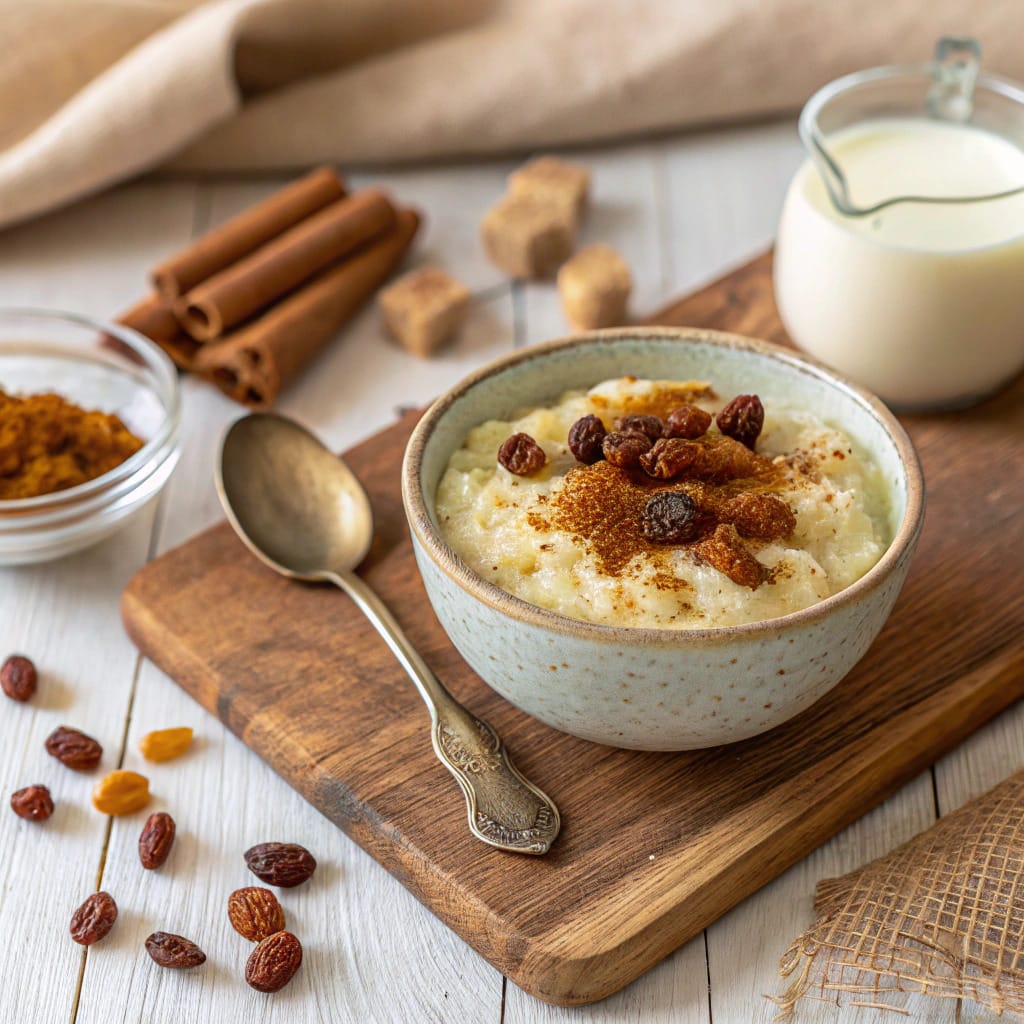 Bowl of creamy arroz con leche topped with cinnamon and raisins, served on a rustic table